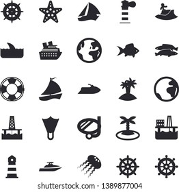 Solid vector icon set - fish flat vector, oil production platform, lighthouse, sailboat, earth fector, island, surfing, swimming mask, flippers, starfish, steering wheel, water scooter, lifebuoy