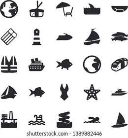 Solid vector icon set - fish flat vector, sashimi, oil production platform, lighthouse, sailboat, swimsuit, swimming, pool, earth fector, sea beach, chaise lounge, starfish, aquapark, life vest