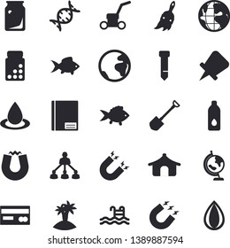 Solid vector icon set - fish flat vector, shovel, paint brush, lawn mower, drop, magnet, glass bottles, earth, credit card, notebook, tie, hierarchy, globe, dna, vitamins, water, pool, fector, tent