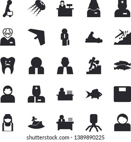 Solid vector icon set - fish flat vector, mining, person, physician, virus, massage, nurse, caries, office worker, businessman, career ladder, scientist, weighing machine, hang glider fector, user