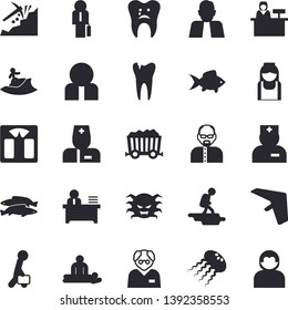 Solid vector icon set - fish flat vector, mining, person, physician, virus, massage, nurse, caries, office worker, businessman, scientist, weighing machine, hike fector, hang glider, surfing, user