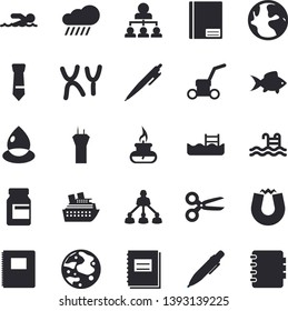 Solid vector icon set - fish flat vector, lawn mower, rain, drop, earth, chromosomes, notebook, tie, hierarchy, pen, moon, gas burner, magnet, vitamins, swimming, pool, airport tower fector