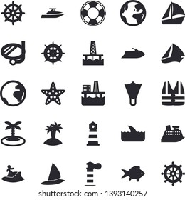 Solid vector icon set - fish flat vector, oil production platform, lighthouse, sailboat, earth fector, island, surfing, swimming mask, flippers, starfish, steering wheel, life vest, water scooter