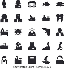 Solid vector icon set - fish flat vector, mining, person, physician, virus, nurse, caries, office worker, businessman, career ladder, scientist, weighing machine, hike fector, hang glider, surfing