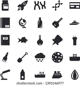 Solid vector icon set - fish flat vector, shovel, rain, glass bottles, credit card, chromosomes, notebook, reading lamp, rocket, moon, globe, dna, vitamins, water, pool, airport tower fector, yacht