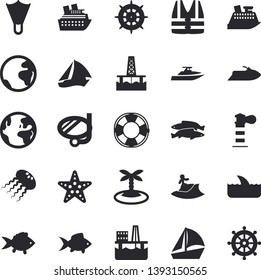 Solid vector icon set - fish flat vector, oil production platform, lighthouse, sailboat, earth fector, island, surfing, swimming mask, flippers, starfish, life vest, water scooter, lifebuoy, shark