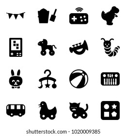 Solid vector icon set - flag garland vector, bucket scoop, joystick wireless, dinosaur toy, game console, wheel horse, horn, caterpillar, rabbit, baby carousel, beach ball, piano, bus, duck, cat