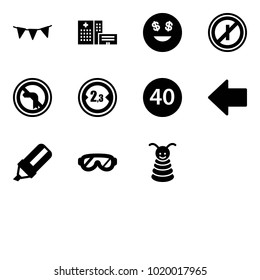 Solid vector icon set - flag garland vector, hospital building, dollar smile, no parkin odd, left turn road sign, limited width, minimal speed limit, arrow, highlight marker, protective glasses