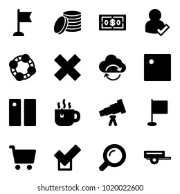 Solid vector icon set - flag vector, coin, dollar, user check, friends, delete cross, refresh cloud, pause, hot tea, telescope, cart, magnifier, trailer
