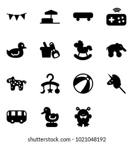 Solid vector icon set - flag garland vector, inflatable pool, skateboard, joystick wireless, duck toy, shovel bucket, rocking horse, elephant wheel, baby carousel, beach ball, unicorn stick, bus