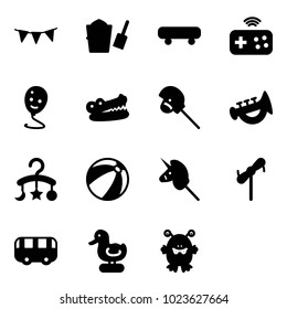 Solid vector icon set - flag garland vector, bucket scoop, skateboard, joystick wireless, balloon smile, crocodile, horse stick toy, horn, baby carousel, beach ball, unicorn, windmill, bus, duck