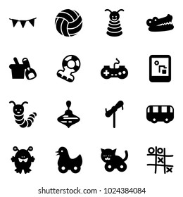 Solid vector icon set - flag garland vector, volleyball, pyramid toy, crocodile, shovel bucket, teethers, gamepad, game console, caterpillar, wirligig, windmill, bus, monster, duck, cat, Tic tac toe