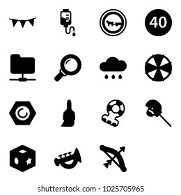 Solid vector icon set - flag garland vector, drop counter, no cart horse road sign, minimal speed limit, network folder, magnifier, rain cloud, parasol, nut, brush, teethers, stick toy, cube, horn