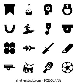 Solid vector icon set - flag vector, round flask, brain work, finger ring, luck, surfing, piston, surveillance camera, atom core, connect, clinch, knife, trailer, drum, beanbag, soccer ball