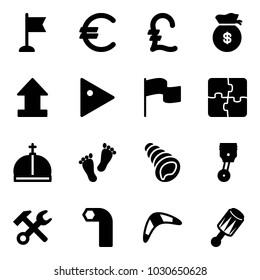 Solid vector icon set - flag vector, euro, pound, money bag, uplooad, play, puzzle, crown, feet, shell, piston, wrench hammer, allen key, boomerang, beanbag