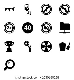 Solid vector icon set - flag garland vector, drop counter, no parkin odd, left turn road sign, limited width, minimal speed limit, end, network folder, win cup, world, parasol, bucket scoop