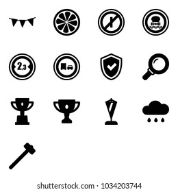 Solid vector icon set - flag garland vector, lemon slice, no parkin odd, dangerous cargo road sign, limited width, truck overtake, shield check, magnifier, win cup, gold, pennant, rain cloud