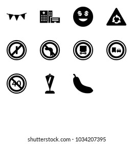 Solid vector icon set - flag garland vector, hospital building, dollar smile, round motion road sign, no parkin odd, left turn, dangerous cargo, truck overtake, end minimal speed limit, pennant