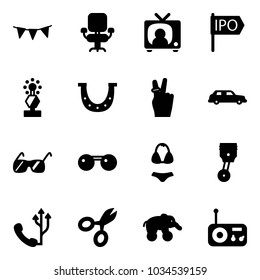 Solid vector icon set - flag garland vector, office chair, tv news, ipo, award, luck, victory, limousine, sunglasses, swimsuit, piston, phone, scissors, elephant wheel, radio