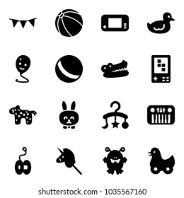 Solid vector icon set - flag garland vector, ball, game console, duck toy, balloon smile, crocodile, horse, rabbit, baby carousel, piano, yoyo, unicorn stick, monster