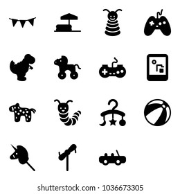 Solid vector icon set - flag garland vector, inflatable pool, pyramid toy, joystick, dinosaur, wheel horse, gamepad, game console, caterpillar, baby carousel, beach ball, unicorn stick, windmill