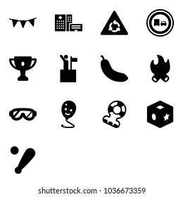 Solid vector icon set - flag garland vector, hospital building, round motion road sign, no truck overtake, gold cup, win, banana, fire, protective glasses, balloon smile, teethers, cube toy