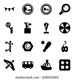 Solid vector icon set - flag garland vector, no trailer road sign, truck overtake, magnifier, world, win, pennant, parasol, bezier, nut, baseball bat, yoyo, bow, toy bus, boat, cube hole