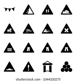 Solid vector icon set - flag garland vector, landslide road sign, oncoming traffic, steep descent, railway intersection, side wind, gravel, narrows, artificial unevenness, attention, pennant
