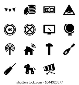 Solid vector icon set - flag garland vector, coin, dollar, drawbridge road sign, speed limit 60, no stop, monitor cursor, globe, antenna, wireless home, hammer, chisel, screwdriver, wheel horse