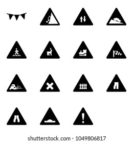 Solid vector icon set - flag garland vector, landslide road sign, oncoming traffic, steep descent, pedestrian, wild animals, railway intersection, side wind, gravel, narrows, artificial unevenness