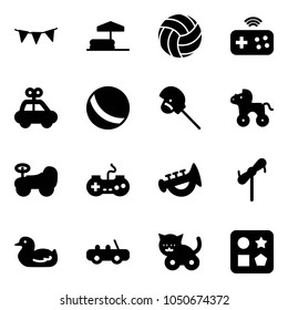 Solid vector icon set - flag garland vector, inflatable pool, volleyball, joystick wireless, car toy, ball, horse stick, wheel, baby, gamepad, horn, windmill, duck, cat, cube hole