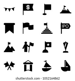 Solid vector icon set - flag garland vector, dollar, attainment, pyramid, ipo, mountain, win, pennant, flags cross, sailboat toy