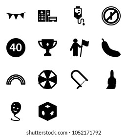 Solid vector icon set - flag garland vector, hospital building, drop counter, no parkin odd, minimal speed limit road sign, gold cup, win, banana, rainbow, parasol, fretsaw, brush, balloon smile