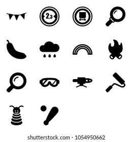 Solid vector icon set - flag garland vector, limited width road sign, no dangerous cargo, magnifier, banana, rain cloud, rainbow, fire, protective glasses, pipe welding, paint roller, pyramid toy