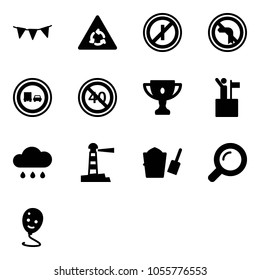 Solid vector icon set - flag garland vector, round motion road sign, no parkin odd, left turn, truck overtake, end minimal speed limit, gold cup, win, rain cloud, lighthouse, bucket scoop, magnifier