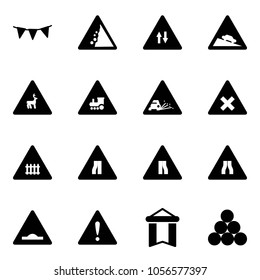 Solid vector icon set - flag garland vector, landslide road sign, oncoming traffic, steep descent, wild animals, railway intersection, gravel, narrows, artificial unevenness, attention, pennant