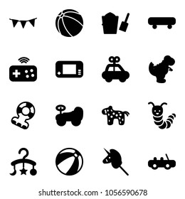 Solid vector icon set - flag garland vector, ball, bucket scoop, skateboard, joystick wireless, game console, car toy, dinosaur, teethers, baby, horse, caterpillar, carousel, beach, unicorn stick