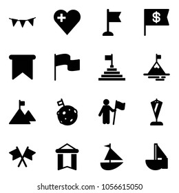 Solid vector icon set - flag garland vector, heart, dollar, pyramid, mountain, moon, win, pennant, flags cross, sailboat toy