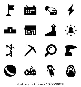 Solid vector icon set - flag vector, schedule, card pay, lightning, pedestal, store, success, star man, bezier, axe, magnifier, drill, ball, gamepad, doll, russian