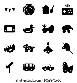 Solid vector icon set - flag garland vector, ball, bucket scoop, joystick wireless, game console, duck toy, baby car, elephant wheel, horn, horse, wirligig, unicorn stick, windmill, bus