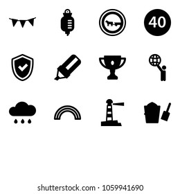 Solid vector icon set - flag garland vector, drop counter, no cart horse road sign, minimal speed limit, shield check, highlight marker, gold cup, world, rain cloud, rainbow, lighthouse