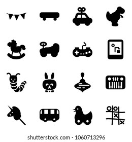 Solid vector icon set - flag garland vector, skateboard, car toy, dinosaur, rocking horse, baby, gamepad, game console, caterpillar, rabbit, wirligig, piano, unicorn stick, bus, duck, Tic tac toe