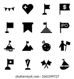 Solid vector icon set - flag garland vector, heart, dollar, pyramid, ipo, mountain, moon, win, pennant, flags cross, sailboat toy