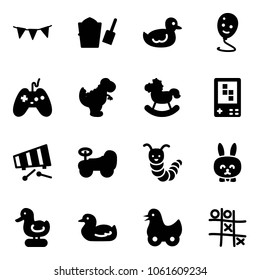 Solid vector icon set - flag garland vector, bucket scoop, duck toy, balloon smile, joystick, dinosaur, rocking horse, game console, xylophone, baby car, caterpillar, rabbit, Tic tac toe