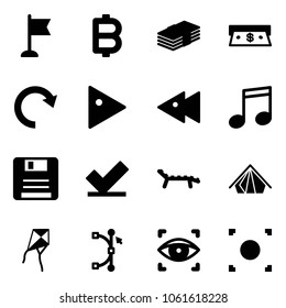 Solid vector icon set - flag vector, bitcoin, dollar, cash, redo, play, fast backward, music, save, check, lounger, tent, kite, bezier, eye scanner, record button