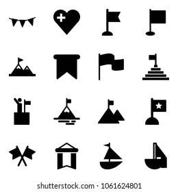 Solid vector icon set - flag garland vector, heart, attainment, pyramid, win, mountain, flags cross, pennant, sailboat toy
