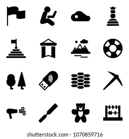 Solid vector icon set - flag vector, cloud, chess queen, pyramid, pennant, mountains, lifebuoy, forest, usb wi fi, carbon, axe, dryer, rasp, bear toy, abacus