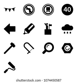 Solid vector icon set - flag garland vector, no left turn road sign, dangerous cargo, minimal speed limit, arrow, highlight marker, win, rain cloud, sledgehammer, fretsaw, magnifier, nut