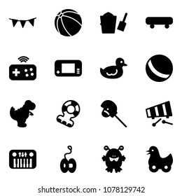 Solid vector icon set - flag garland vector, ball, bucket scoop, skateboard, joystick wireless, game console, duck toy, dinosaur, teethers, horse stick, xylophone, piano, yoyo, monster