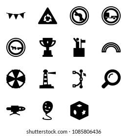Solid vector icon set - flag garland vector, round motion road sign, no left turn, trailer, cart horse, win cup, rainbow, parasol, lighthouse, bezier, magnifier, pipe welding, balloon smile